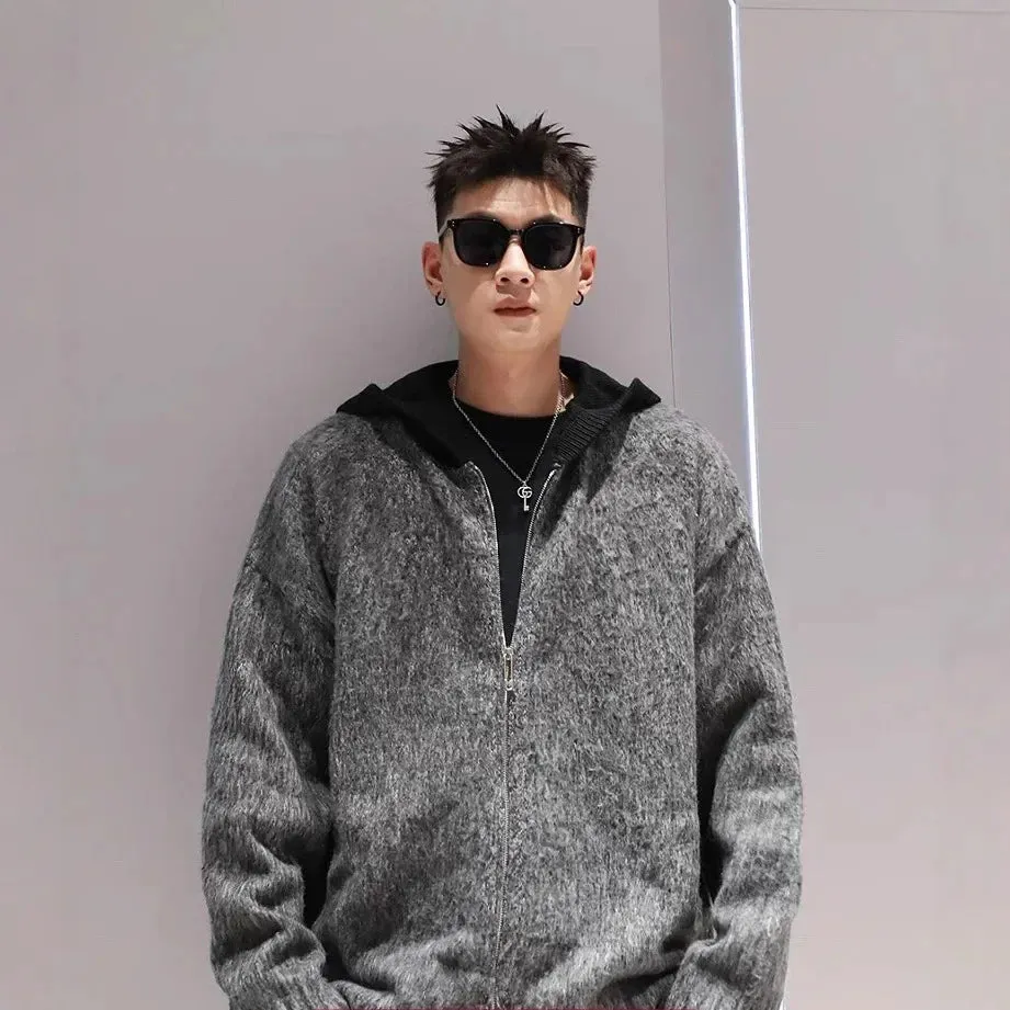 Trendy American Style Men's Hooded Angora Cardigan Casual Loose Fit Zip-Up Knit Sweater Autumn Winter Jacket