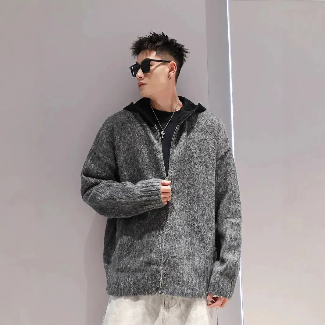 Trendy American Style Men's Hooded Angora Cardigan Casual Loose Fit Zip-Up Knit Sweater Autumn Winter Jacket