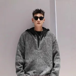 Trendy American Style Men's Hooded Angora Cardigan Casual Loose Fit Zip-Up Knit Sweater Autumn Winter Jacket