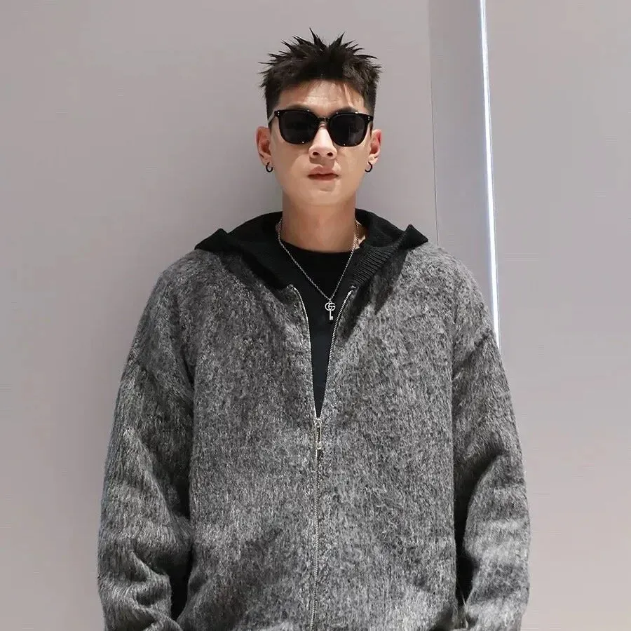 Trendy American Style Men's Hooded Angora Cardigan Casual Loose Fit Zip-Up Knit Sweater Autumn Winter Jacket