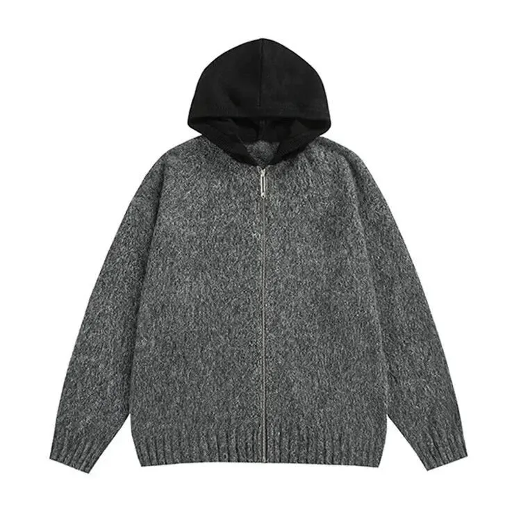 Trendy American Style Men's Hooded Angora Cardigan Casual Loose Fit Zip-Up Knit Sweater Autumn Winter Jacket