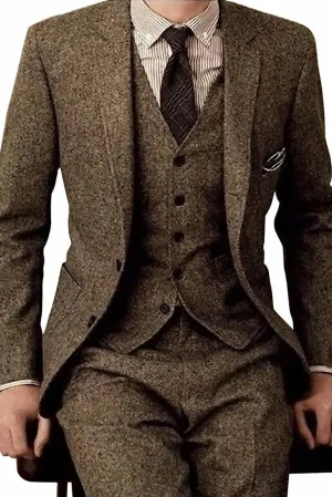 Trendy Men's Suit Tweed 3 Pieces Business Casual Suit