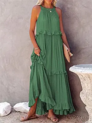 Uniwim Summer Loose Long Dress Women Casual Elegant Ruffle Halter Sleeveless Female Party Outfits Beach Maxi Dresses Green Tie-Up Robe