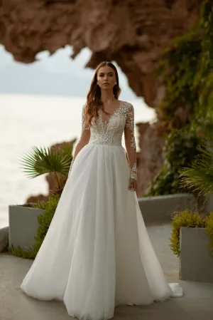 V-Neck Wedding Dress - Lace Wedding Gown Long Sleeve - Aline Wedding Dress with Lace Sleeve Plus Size