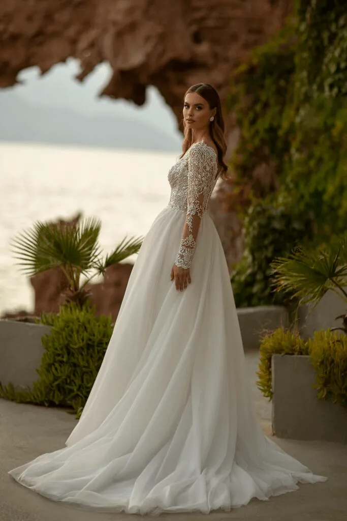 V-Neck Wedding Dress - Lace Wedding Gown Long Sleeve - Aline Wedding Dress with Lace Sleeve Plus Size
