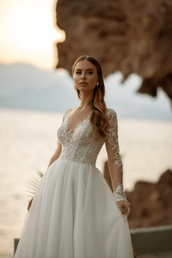V-Neck Wedding Dress - Lace Wedding Gown Long Sleeve - Aline Wedding Dress with Lace Sleeve Plus Size