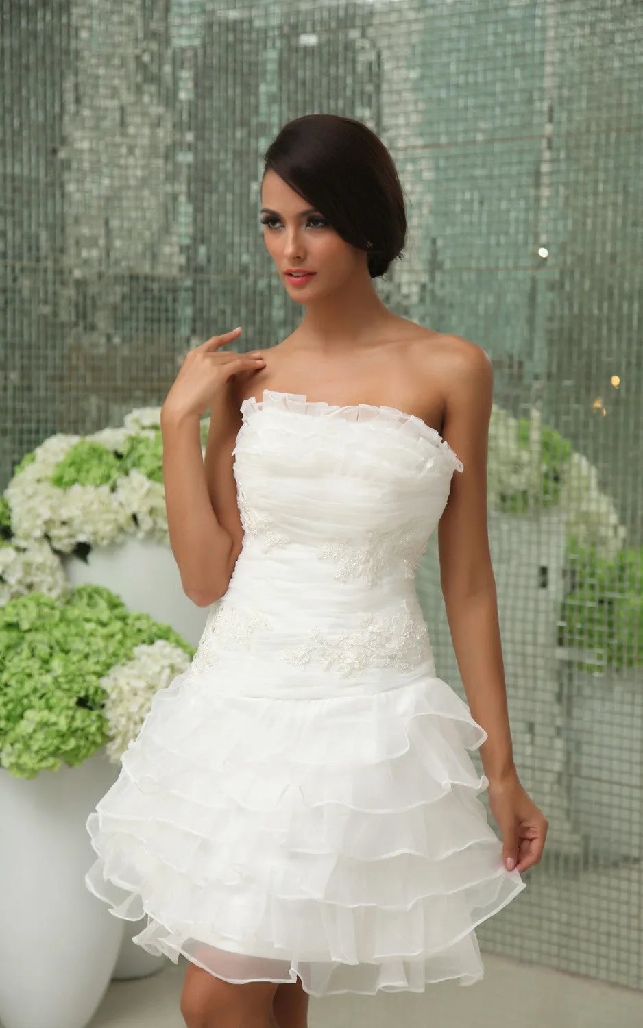Vibrant Strapless Sleeveless  Short Wedding Gown With Apliques And Ruffles-GC_705002