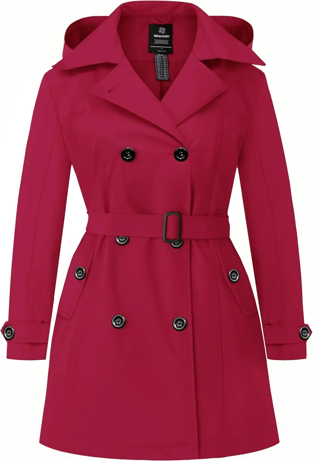 wantdo Women's Plus Size Trench Coat Double-Breasted Waterproof Lapel Overcoat Stylish Pea Coat with Detachable Hood