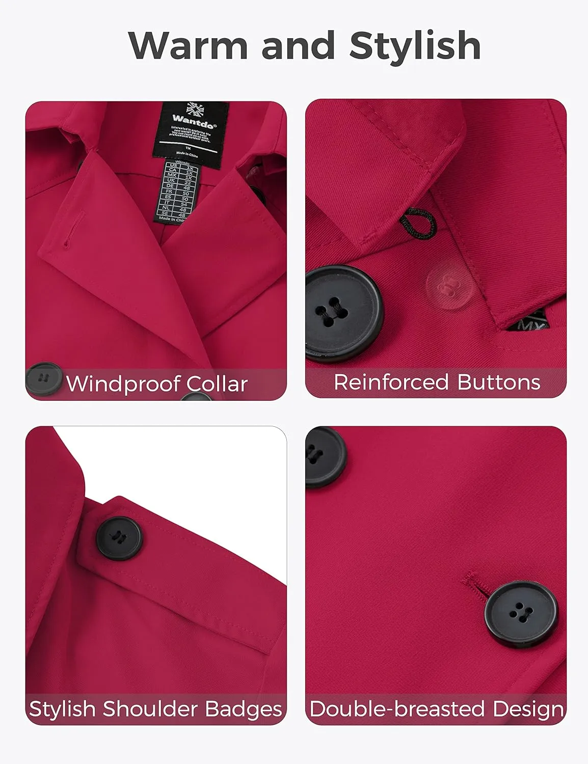 wantdo Women's Plus Size Trench Coat Double-Breasted Waterproof Lapel Overcoat Stylish Pea Coat with Detachable Hood