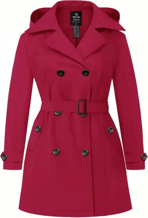wantdo Women's Plus Size Trench Coat Double-Breasted Waterproof Lapel Overcoat Stylish Pea Coat with Detachable Hood