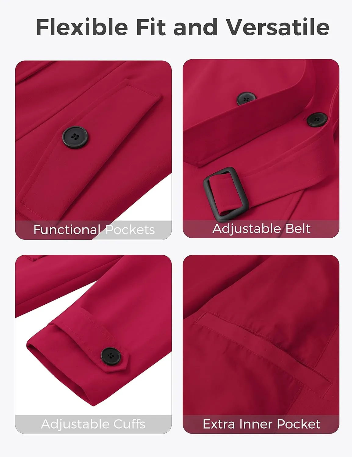 wantdo Women's Plus Size Trench Coat Double-Breasted Waterproof Lapel Overcoat Stylish Pea Coat with Detachable Hood