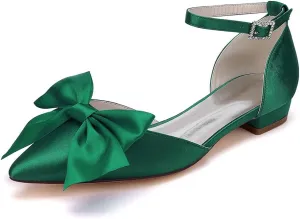 Women's Pointed Toe Flats Ankle Strap Ballet Flats with Bow Flat Bridal Shoes Evening Dress Pumps