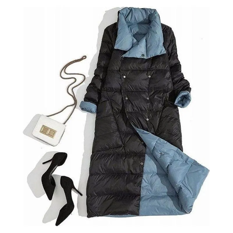 Women's Ultra Light Long Jacket Winter Double Sided Slim White Duck Down Coat Single Breasted