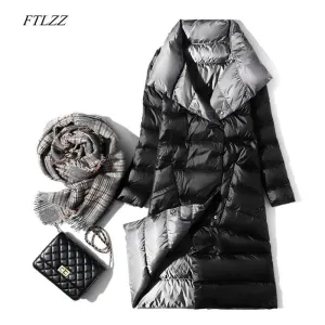 Women's Ultra Light Long Jacket Winter Double Sided Slim White Duck Down Coat Single Breasted