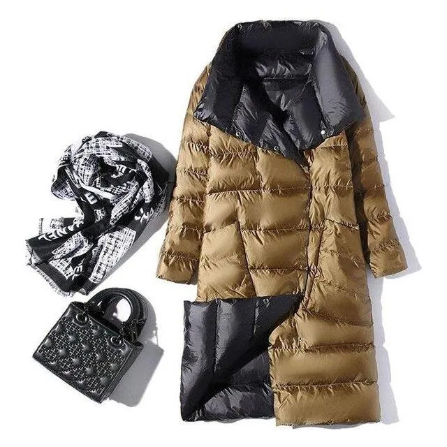 Women's Ultra Light Long Jacket Winter Double Sided Slim White Duck Down Coat Single Breasted