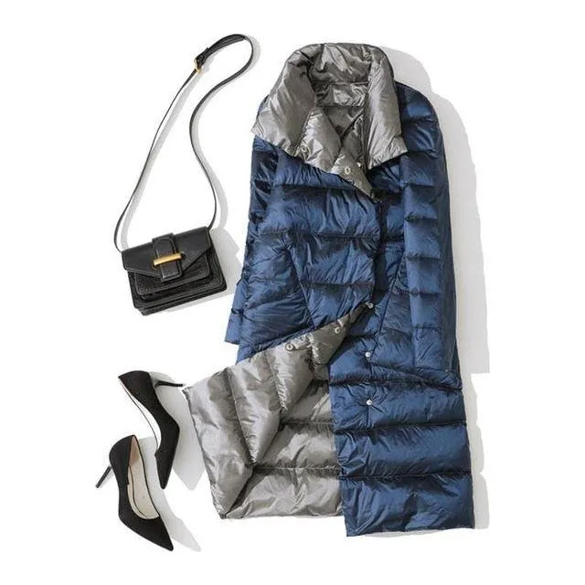 Women's Ultra Light Long Jacket Winter Double Sided Slim White Duck Down Coat Single Breasted
