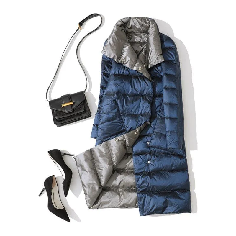 Women's Ultra Light Long Jacket Winter Double Sided Slim White Duck Down Coat Single Breasted