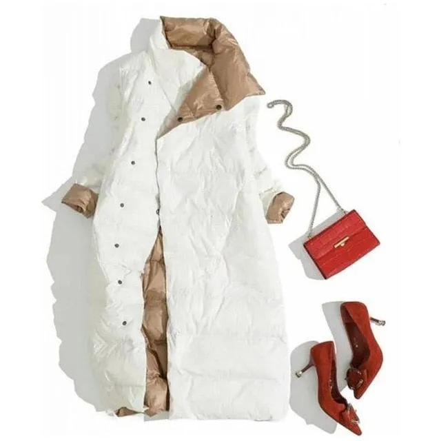 Women's Ultra Light Long Jacket Winter Double Sided Slim White Duck Down Coat Single Breasted