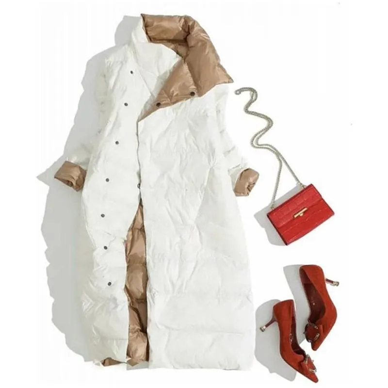 Women's Ultra Light Long Jacket Winter Double Sided Slim White Duck Down Coat Single Breasted