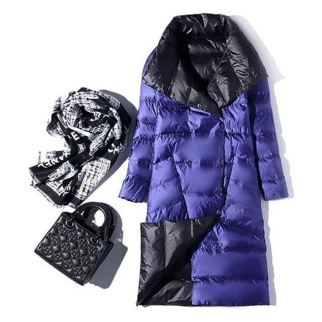 Women's Ultra Light Long Jacket Winter Double Sided Slim White Duck Down Coat Single Breasted