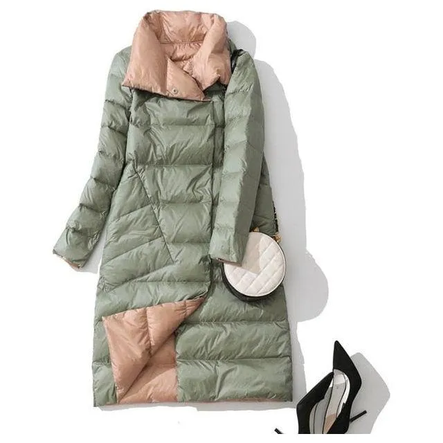 Women's Ultra Light Long Jacket Winter Double Sided Slim White Duck Down Coat Single Breasted