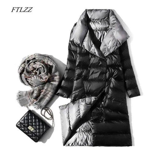 Women's Ultra Light Long Jacket Winter Double Sided Slim White Duck Down Coat Single Breasted