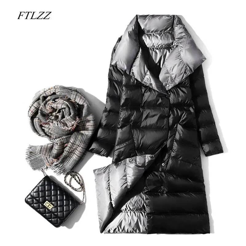 Women's Ultra Light Long Jacket Winter Double Sided Slim White Duck Down Coat Single Breasted