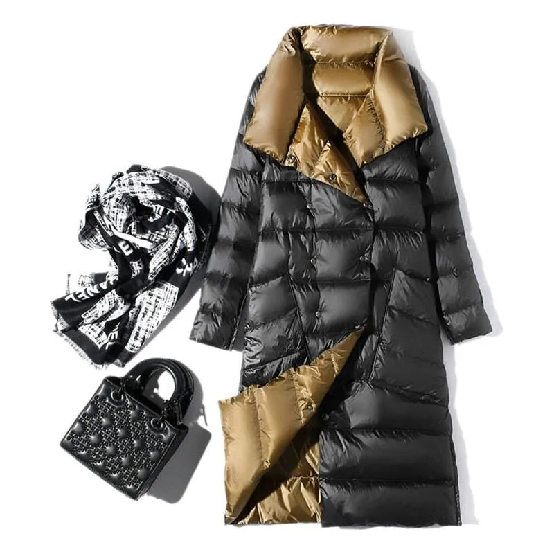 Women's Ultra Light Long Jacket Winter Double Sided Slim White Duck Down Coat Single Breasted