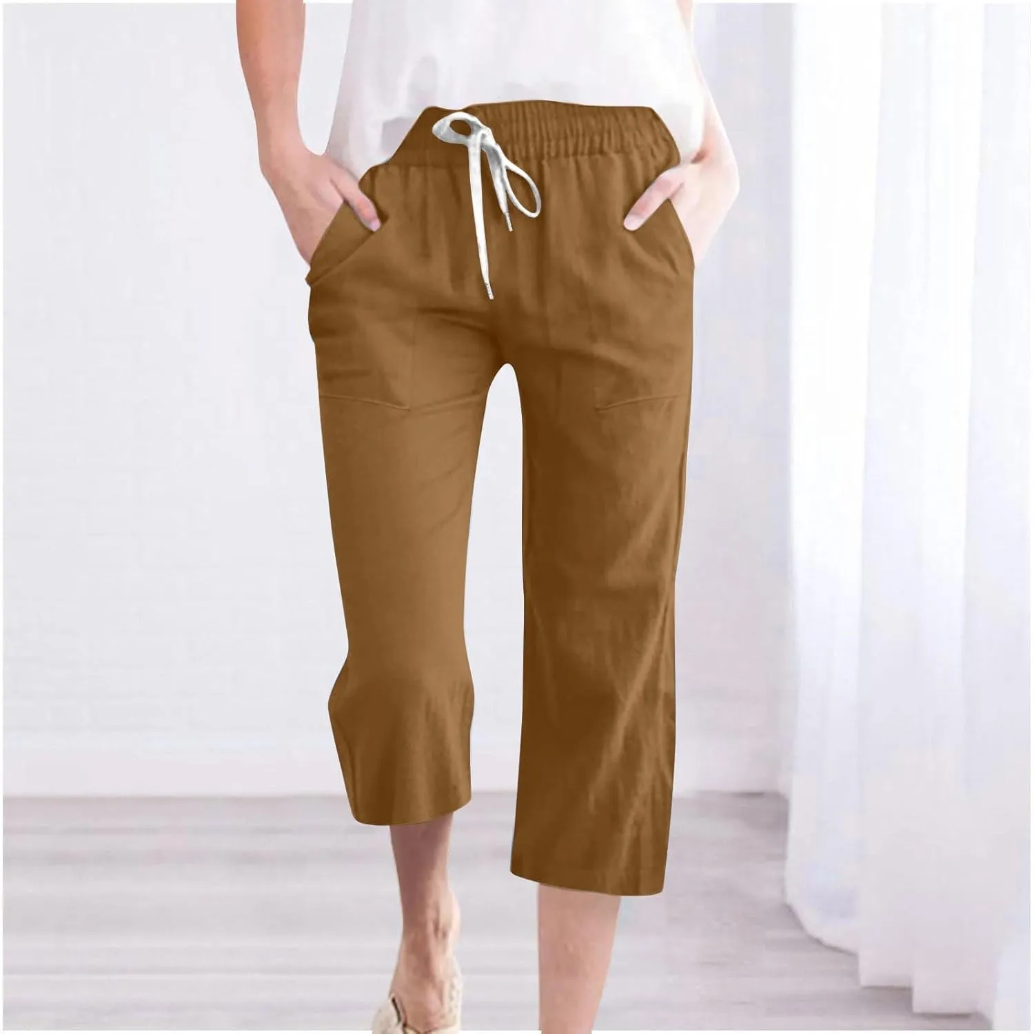 Womens Wide Leg Cotton Linen Pants Summer Casual High Waisted Palazzo Pant Work Tie Knot Trousers with Pocket