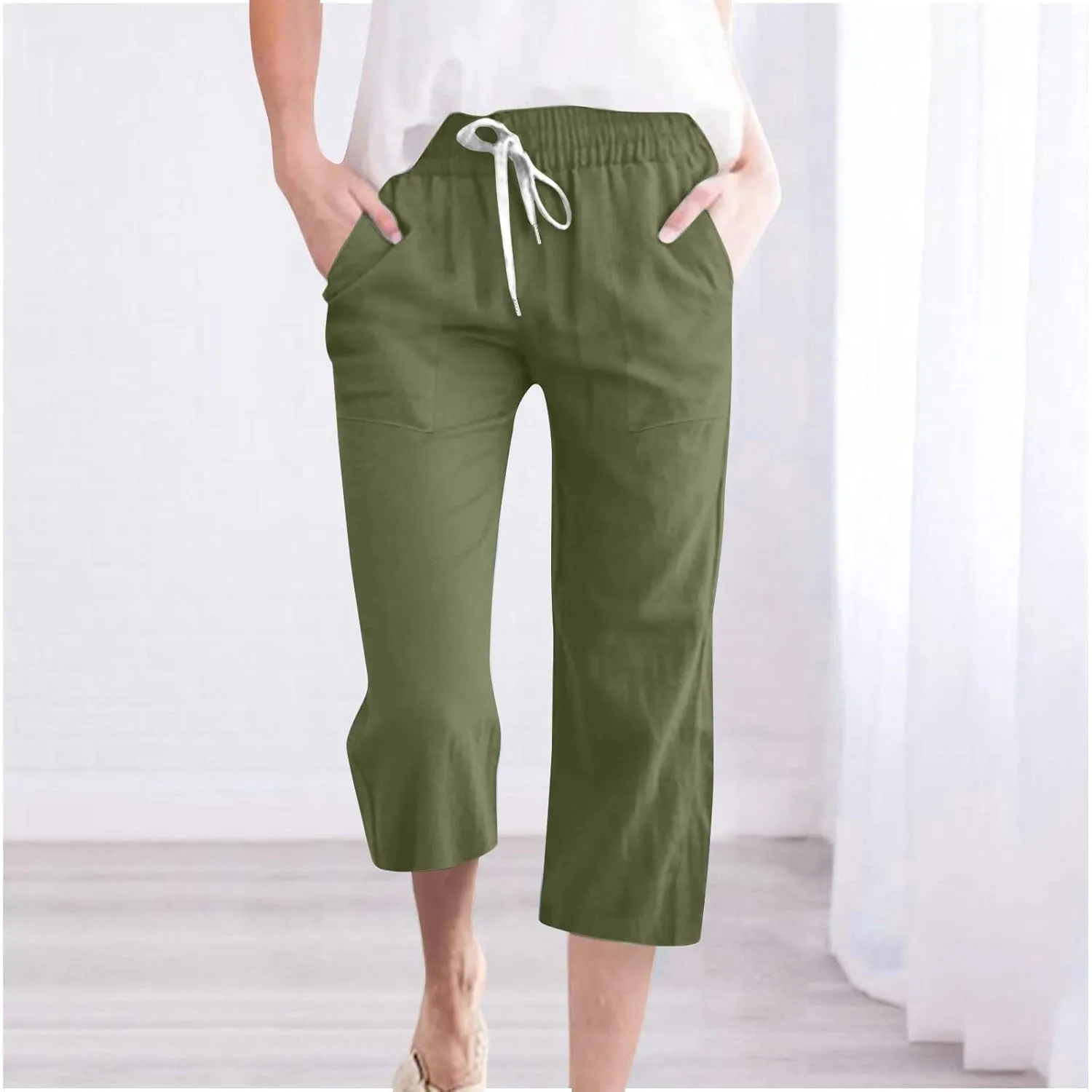 Womens Wide Leg Cotton Linen Pants Summer Casual High Waisted Palazzo Pant Work Tie Knot Trousers with Pocket