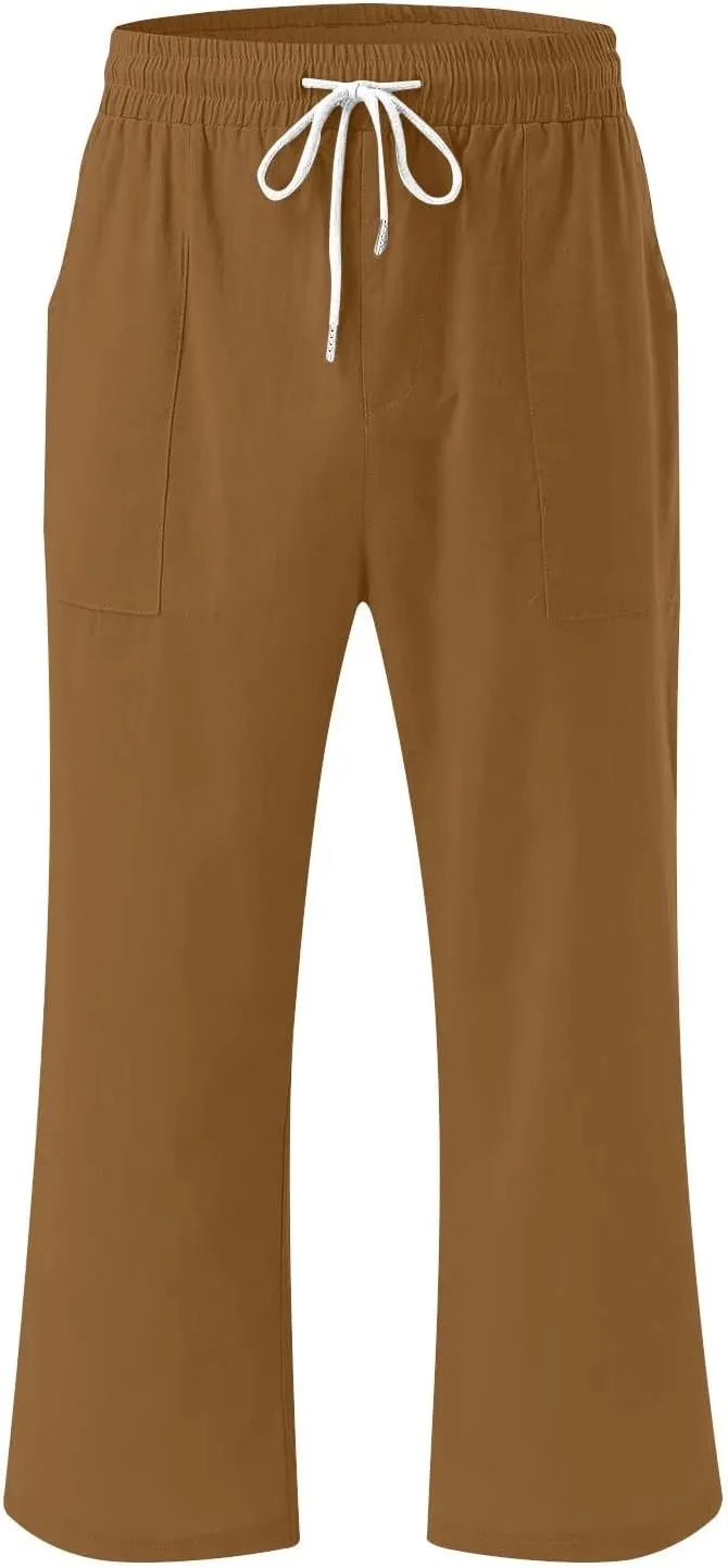 Womens Wide Leg Cotton Linen Pants Summer Casual High Waisted Palazzo Pant Work Tie Knot Trousers with Pocket