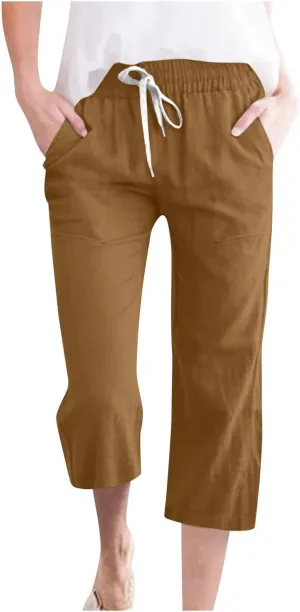 Womens Wide Leg Cotton Linen Pants Summer Casual High Waisted Palazzo Pant Work Tie Knot Trousers with Pocket