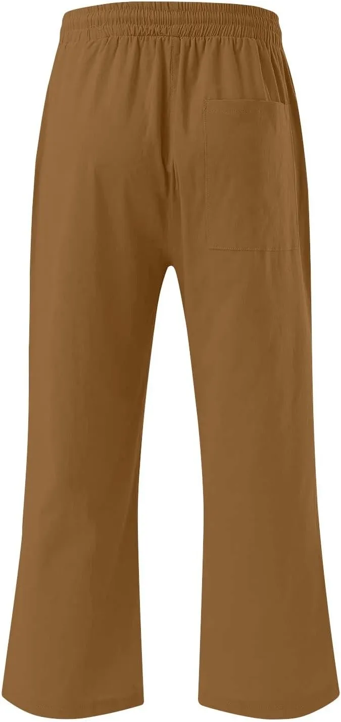 Womens Wide Leg Cotton Linen Pants Summer Casual High Waisted Palazzo Pant Work Tie Knot Trousers with Pocket