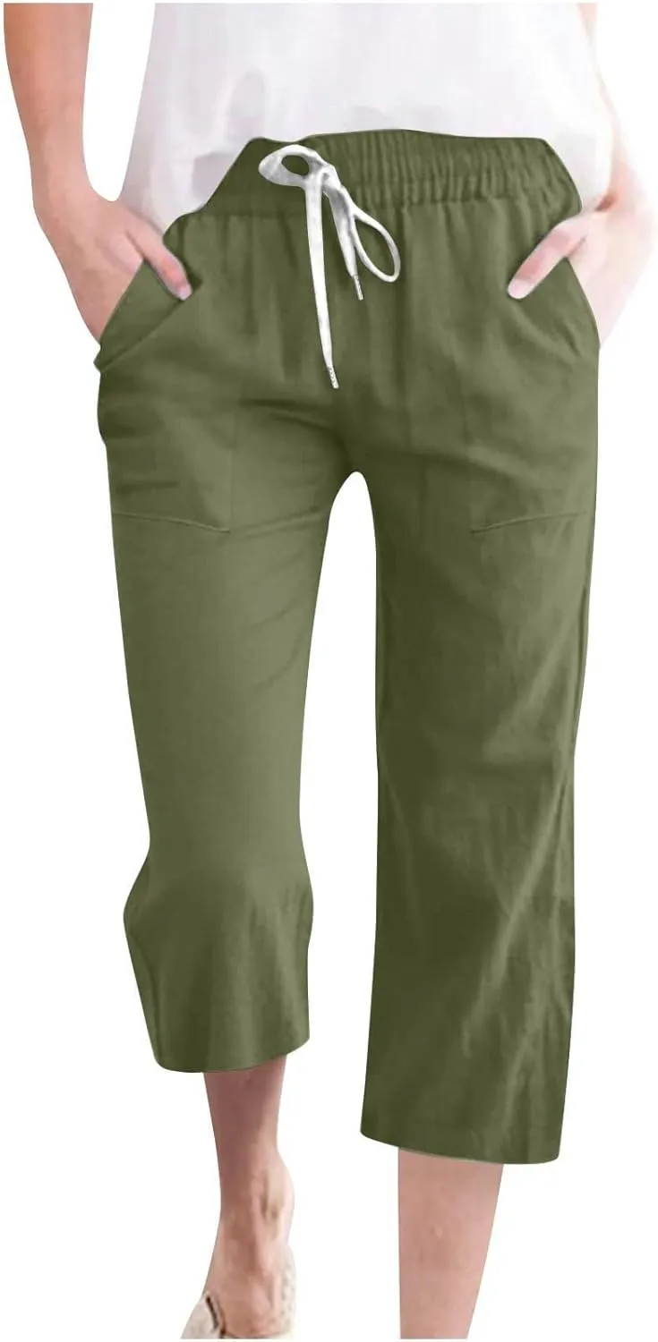 Womens Wide Leg Cotton Linen Pants Summer Casual High Waisted Palazzo Pant Work Tie Knot Trousers with Pocket