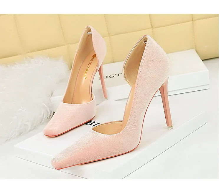 Xishi Suede High Heels Women's Stiletto Heel Flats Fashion Style Square Toe Side Cut Out Banquet Evening Dress Shoes Oversized Shoes
