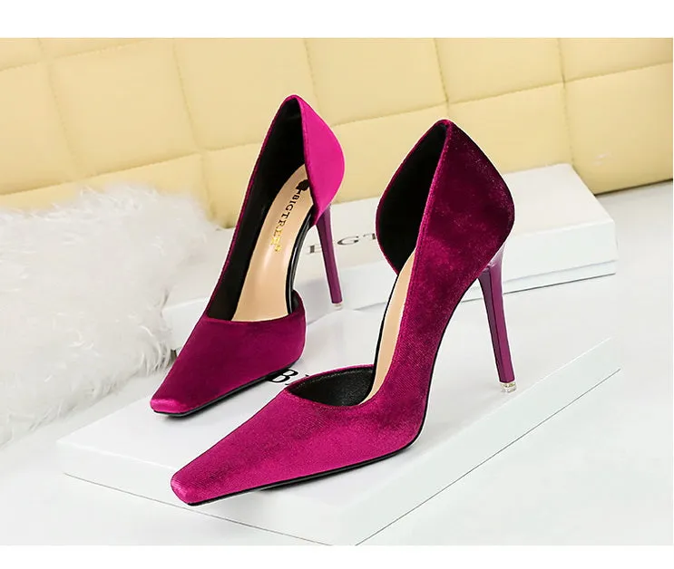 Xishi Suede High Heels Women's Stiletto Heel Flats Fashion Style Square Toe Side Cut Out Banquet Evening Dress Shoes Oversized Shoes
