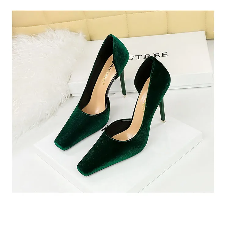 Xishi Suede High Heels Women's Stiletto Heel Flats Fashion Style Square Toe Side Cut Out Banquet Evening Dress Shoes Oversized Shoes