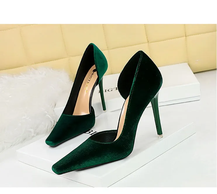 Xishi Suede High Heels Women's Stiletto Heel Flats Fashion Style Square Toe Side Cut Out Banquet Evening Dress Shoes Oversized Shoes
