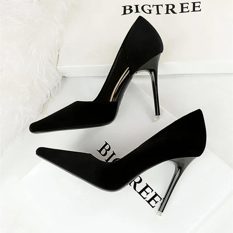 Xishi Suede High Heels Women's Stiletto Heel Flats Fashion Style Square Toe Side Cut Out Banquet Evening Dress Shoes Oversized Shoes