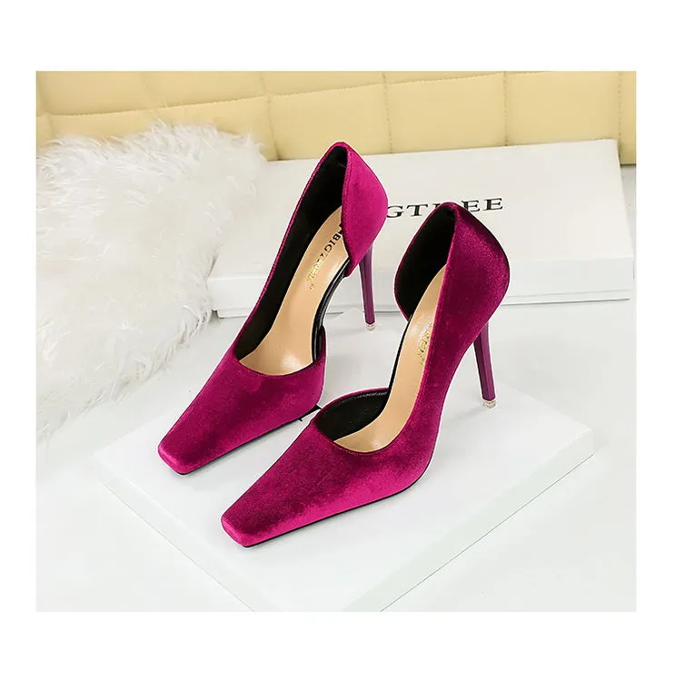 Xishi Suede High Heels Women's Stiletto Heel Flats Fashion Style Square Toe Side Cut Out Banquet Evening Dress Shoes Oversized Shoes