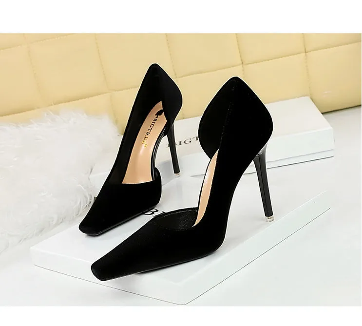 Xishi Suede High Heels Women's Stiletto Heel Flats Fashion Style Square Toe Side Cut Out Banquet Evening Dress Shoes Oversized Shoes
