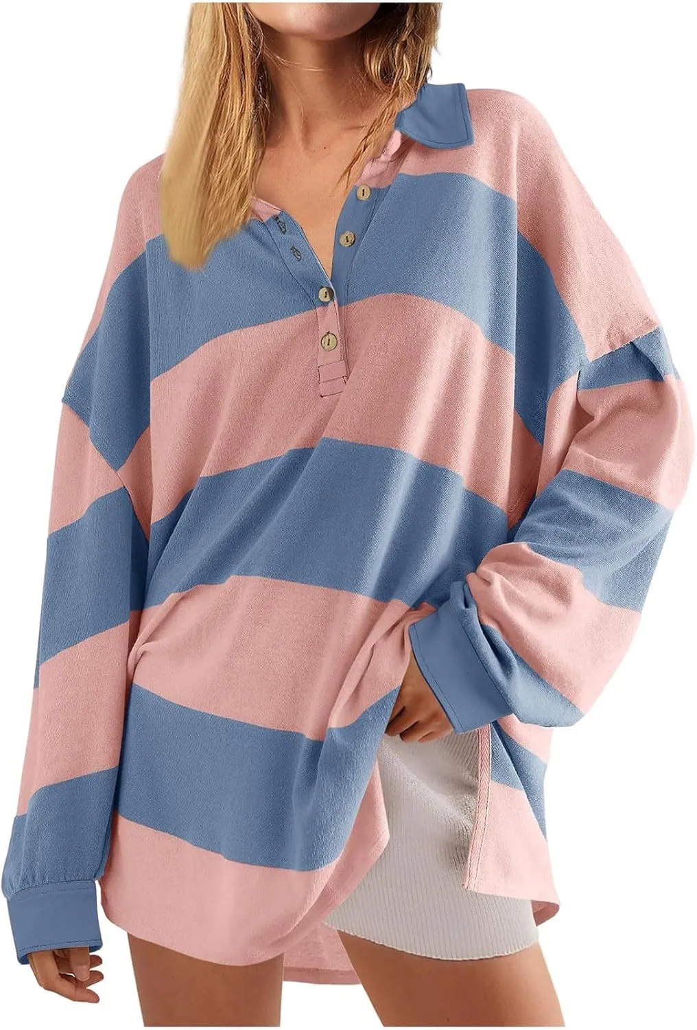 Y2K Tops for Women Fall 2024 Fashion Color Block Striped Polo Shirt Oversized Long Sleeve Button Up Blouse Pullover
