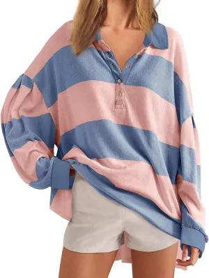 Y2K Tops for Women Fall 2024 Fashion Color Block Striped Polo Shirt Oversized Long Sleeve Button Up Blouse Pullover