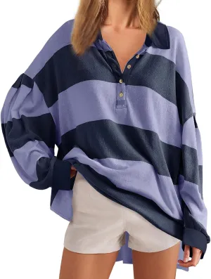 Y2K Tops for Women Fall 2024 Fashion Color Block Striped Polo Shirt Oversized Long Sleeve Button Up Blouse Pullover