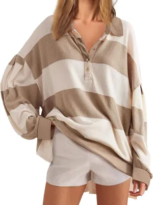 Y2K Tops for Women Fall 2024 Fashion Color Block Striped Polo Shirt Oversized Long Sleeve Button Up Blouse Pullover
