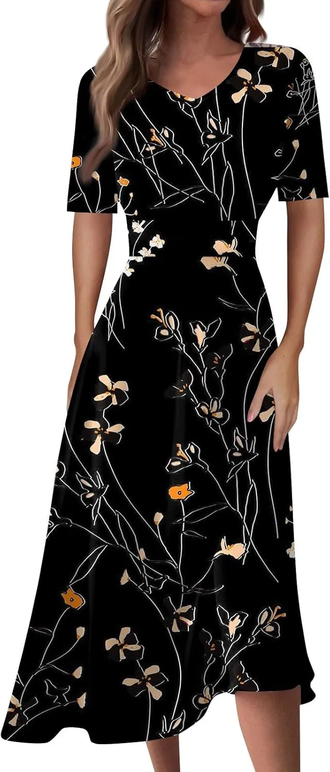 Yesunpxs Dresses for Women Summer Trendy Waist Maxi Dress Floral Printed Flowy Swing Long Dress V Neck Short Sleeve Dress