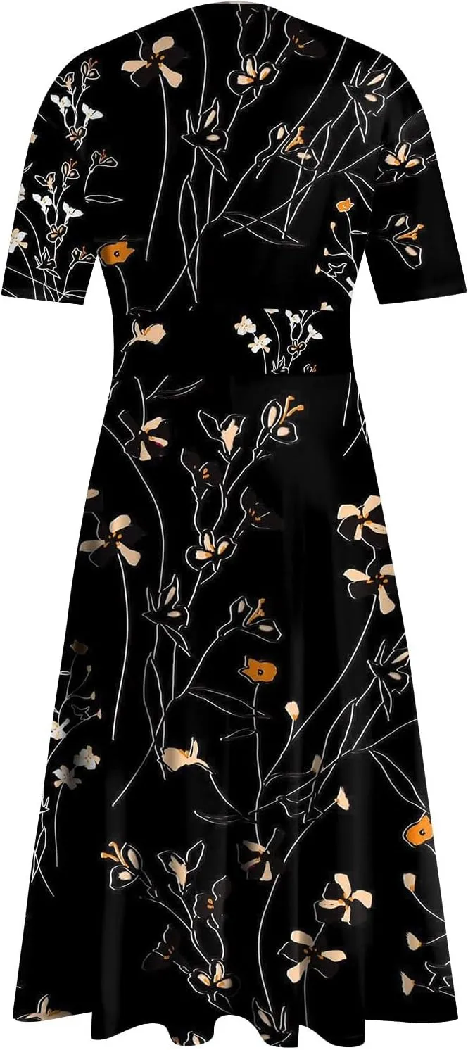 Yesunpxs Dresses for Women Summer Trendy Waist Maxi Dress Floral Printed Flowy Swing Long Dress V Neck Short Sleeve Dress
