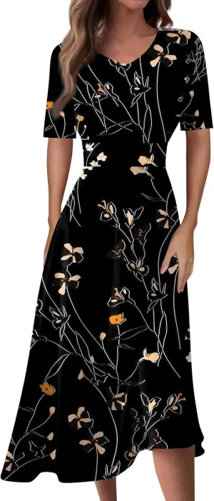 Yesunpxs Dresses for Women Summer Trendy Waist Maxi Dress Floral Printed Flowy Swing Long Dress V Neck Short Sleeve Dress