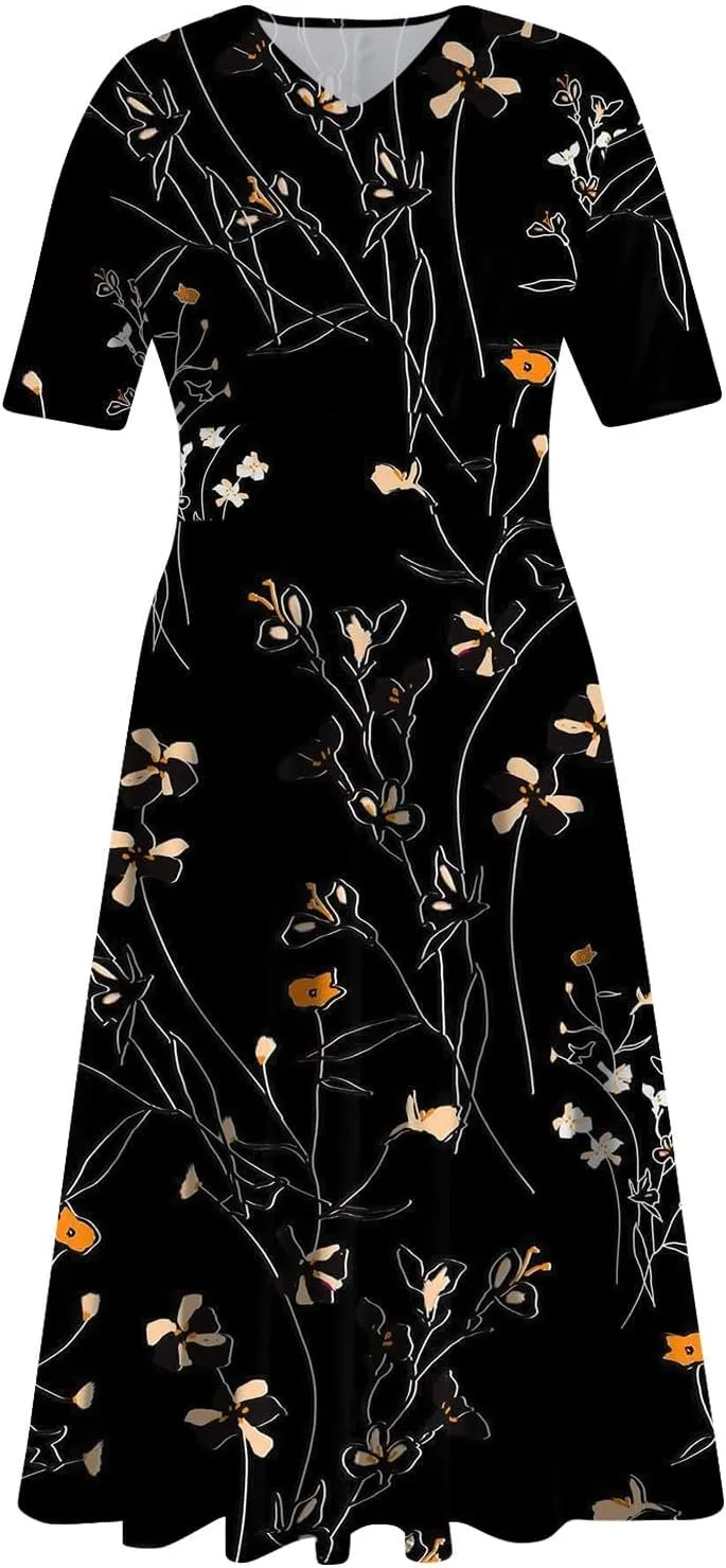 Yesunpxs Dresses for Women Summer Trendy Waist Maxi Dress Floral Printed Flowy Swing Long Dress V Neck Short Sleeve Dress
